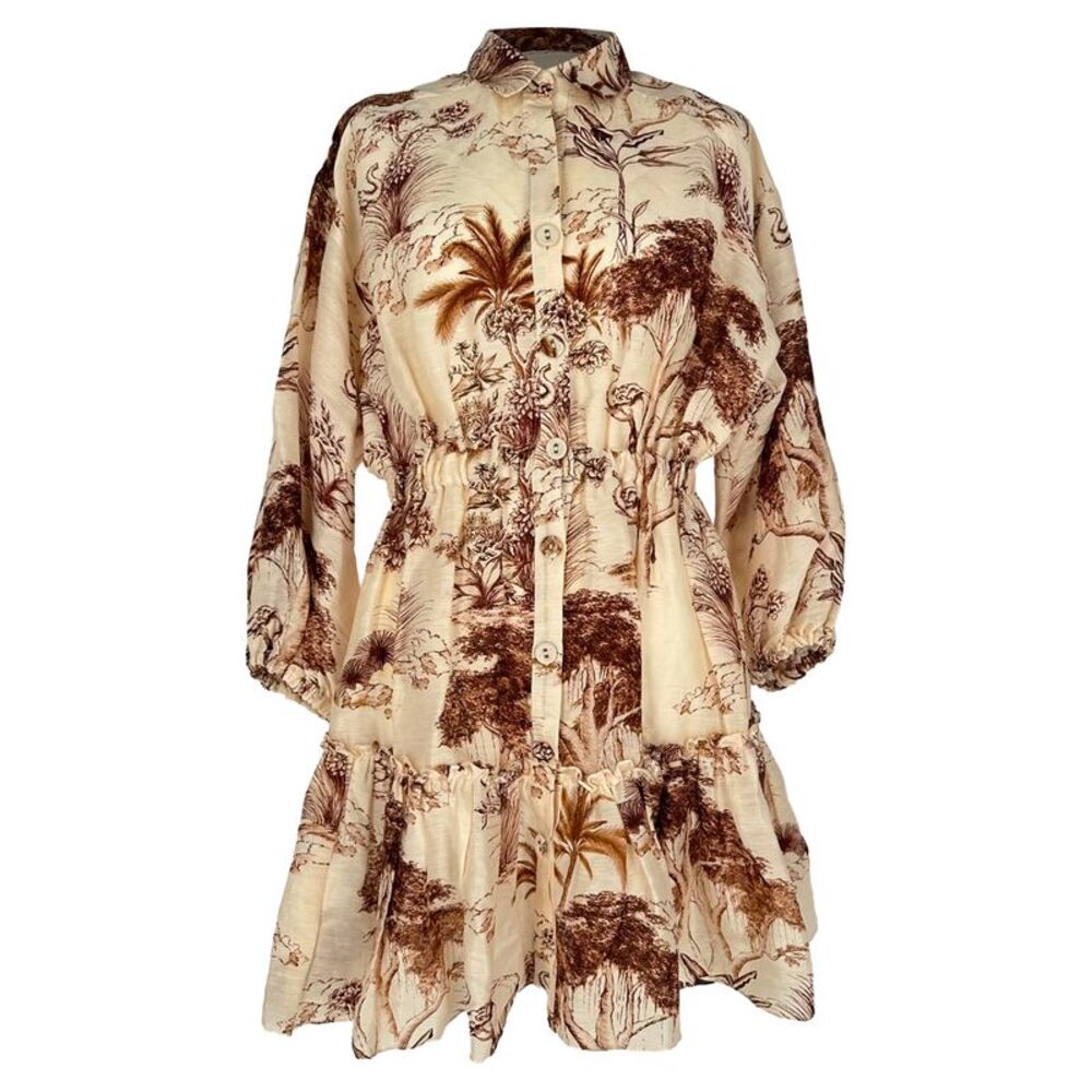 Sandro Paris Printed Mini Shirt Dress in Brown Linen